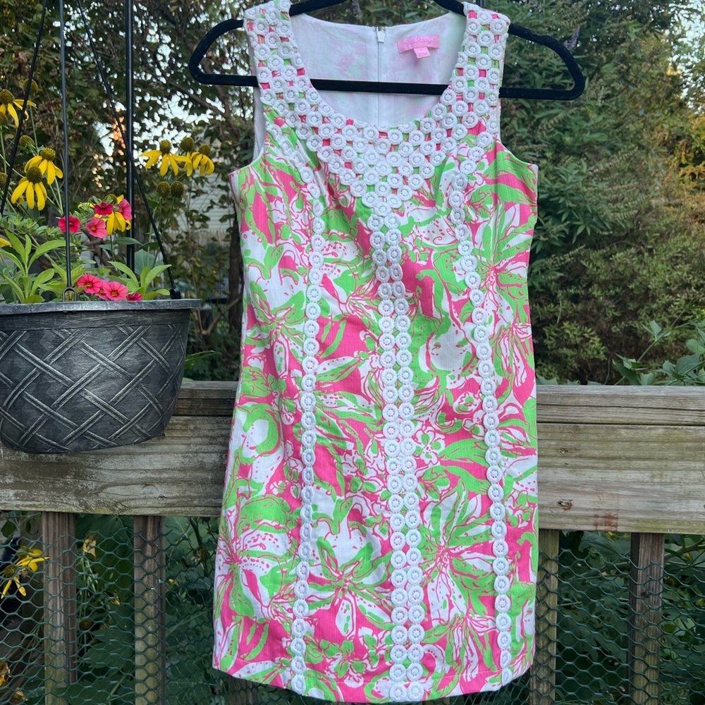 Lilly Pulitzer Lined Dress With White Lace Size 0 Lime Green And Pink Preowned